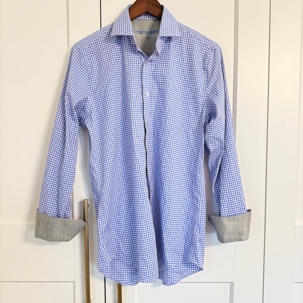 TWILLORY Men 15 32/33 The Hustle Blue Pink Plaid Performance Fabric Tailored Fit